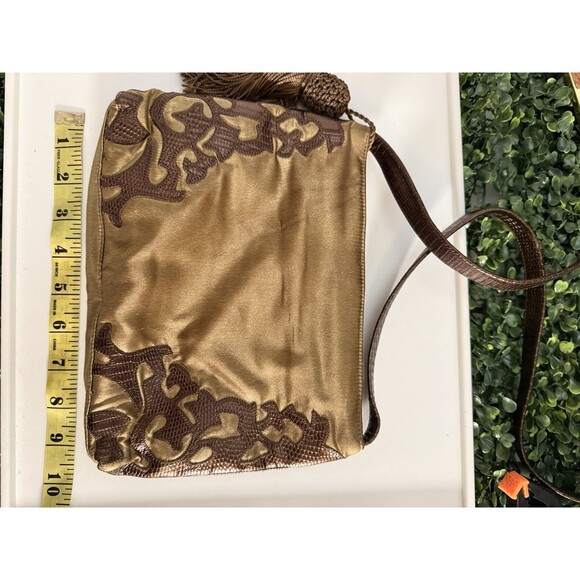 Sharif Made in USA Olive Satin Green & Brown Tassel  Bag Crossbody Purse long - Picture 6 of 10